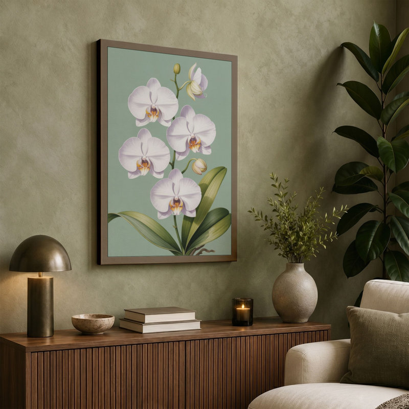 White Orchids in Bloom Botanical - Wrapped Canvas, 30x20 - 76.2 x 50.8 cm, Ochre Border