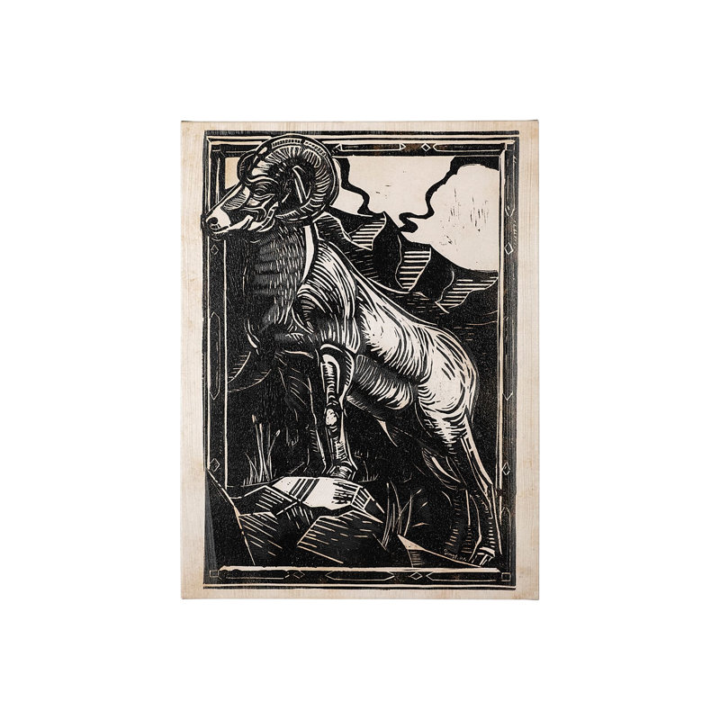 Linocut II (chèvre) une toile texturée embellie à la main, H 40 po x l 30 po x P 1,5 po