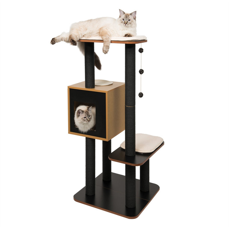 Tall Dark Brown Sisal Cat Tree with Oak Finish