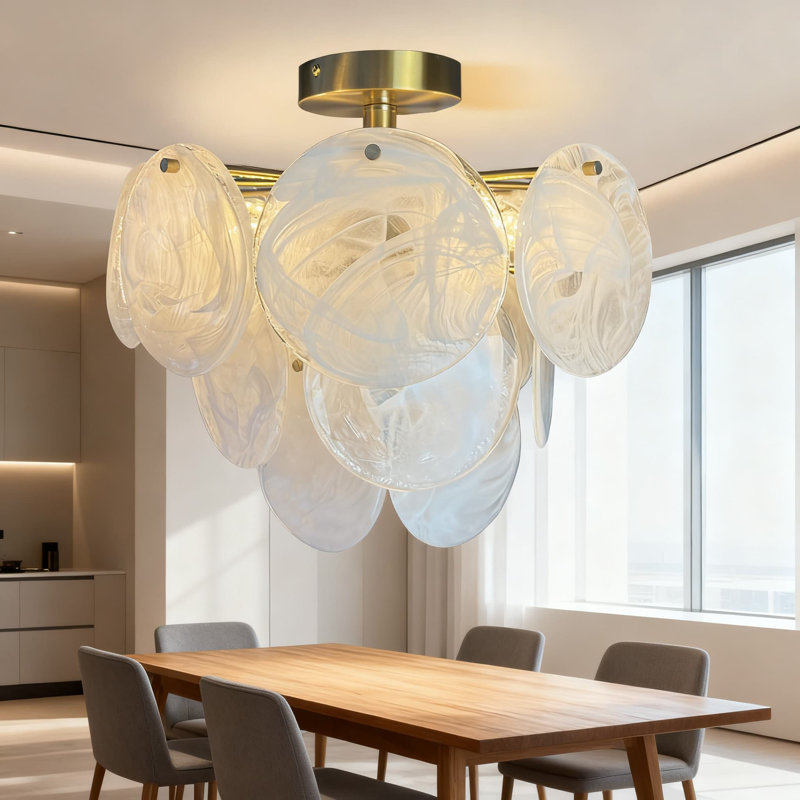 Lustre moderne en cristal semi-encastré avec abat-jour en verre nuage, finition bronze doré pour l'éclairage du vestibule, du couloir, de la salle de bain et de la chambre à coucher