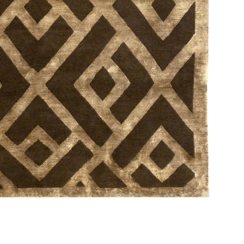 Tapis géométrique rectangulaire en soie / laine noué à la main brun / or, Rectangle 4 pi x 6 pi