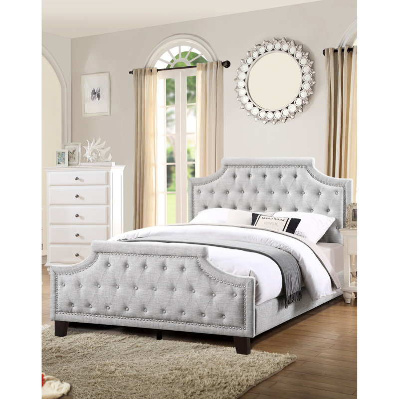 Lit double avec revêtement en polyfibre gris, tête de lit à boutons et chambre à coucher contemporaine, Gris, Lit double
