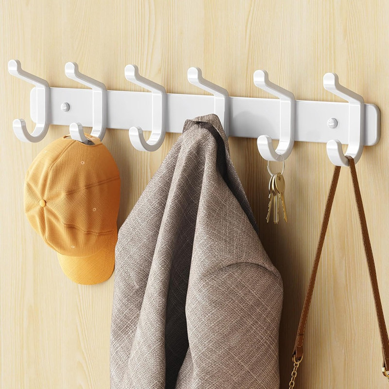 Portemanteaux mural 6 crochets - Cintre robuste en métal blanc pour manteaux, chapeaux, sacs, serviettes, vestes, vestibule, vestiaire, garde-robe, porte
