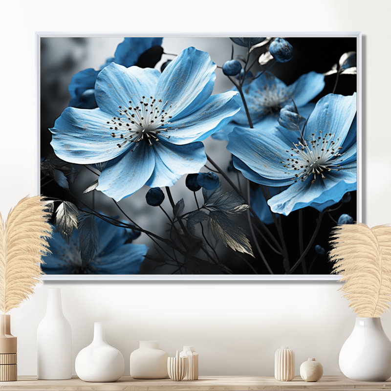 «Grey and Blue Botanical Symphony I», art abstrait sur toile botanique, H 12 po x l 20 po x P 1 po, Cadre flottant blanc
