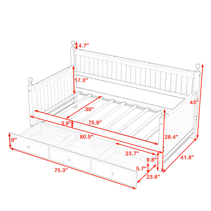 Dalen Twin Size Daybed with 3 Drawers, White