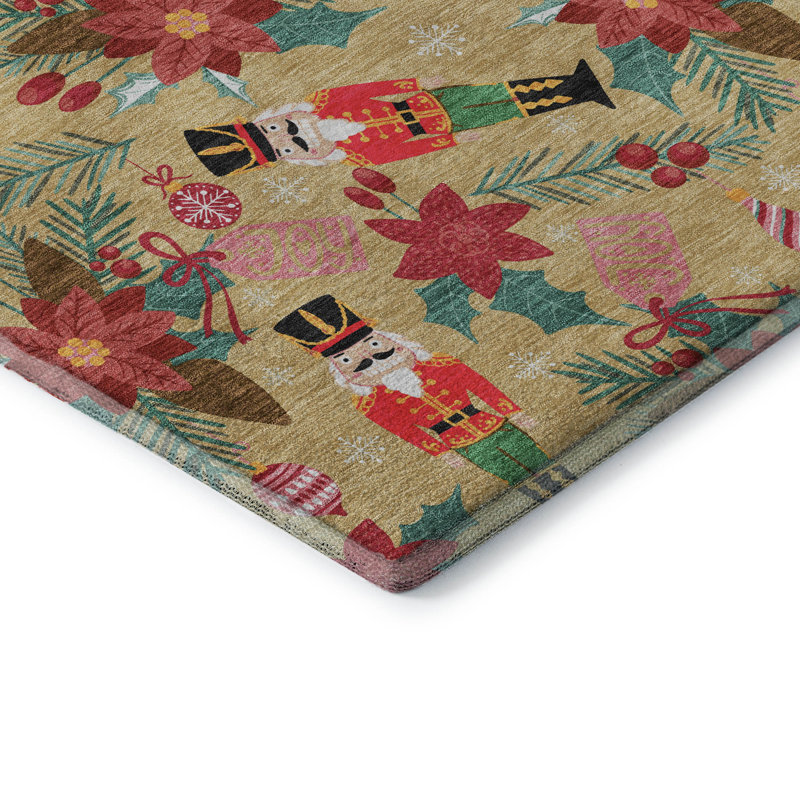 Premium Machine Washable Dockside AMF1822 Nutcracker and Poinsettia Rug, Round 8'