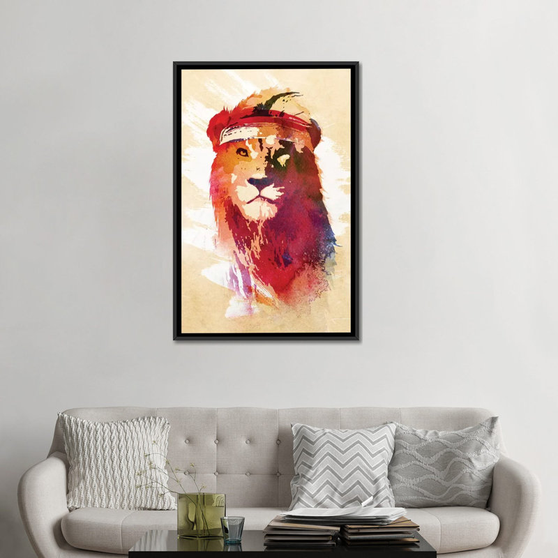 «Gym Lion» par Robert Farkas - Impression sur toile, H 48 po x l 32 po x P 1,5 po, Toile encadrée noire, Pas de tapis