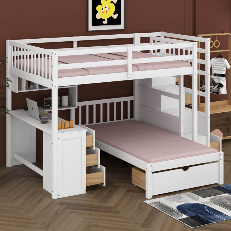 Lit superposé double au-dessus de simple avec bureau et escalier, lit superposé en bois avec tiroirs et tablettes de rangement, aucun sommier nécessaire