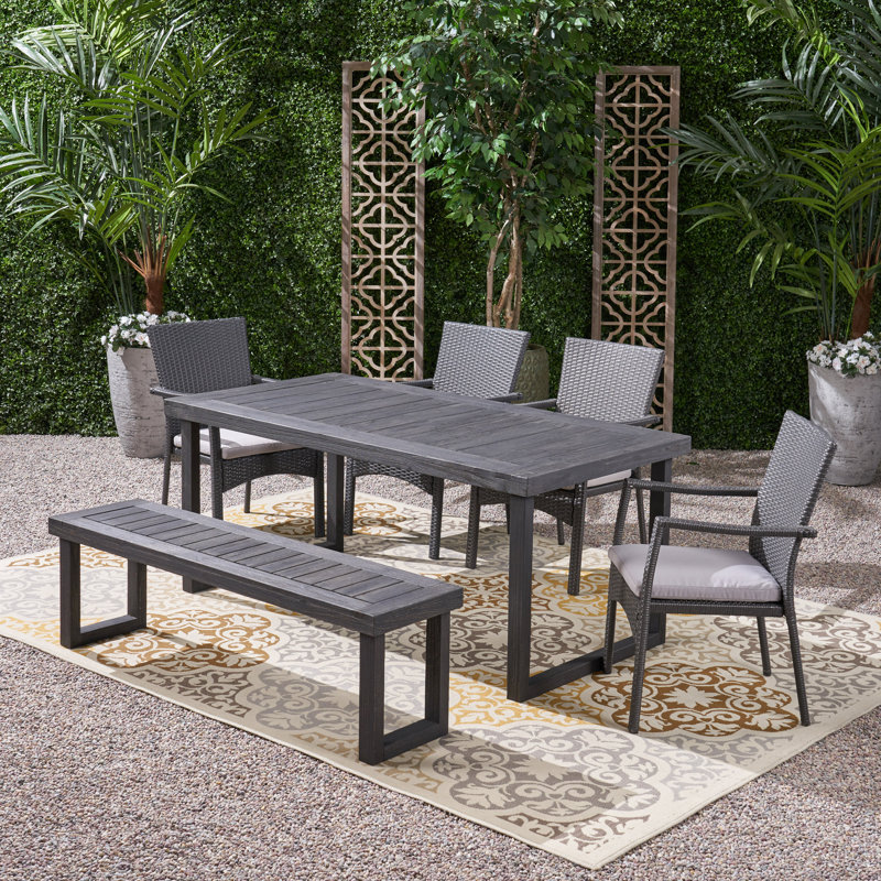 Revilla 6 - Person Acacia Wicker Patio Dining Set with Rectangular Table , Cushions Included