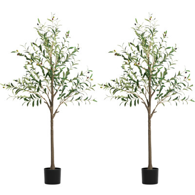 Olive Tree Artificial Indoor, Faux Olive Trees With Planter, Fake Plants With Natural Trunk And Lifelike Fruits (Set Of 2)