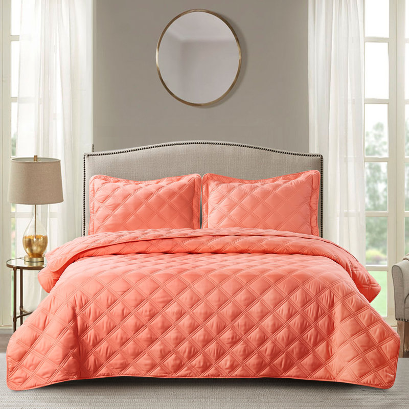 Ensemble de courtepointe en duvet synthétique 3 pièces Charleston, Couvre-lit grand + 2 taies décoratives simples, Corail