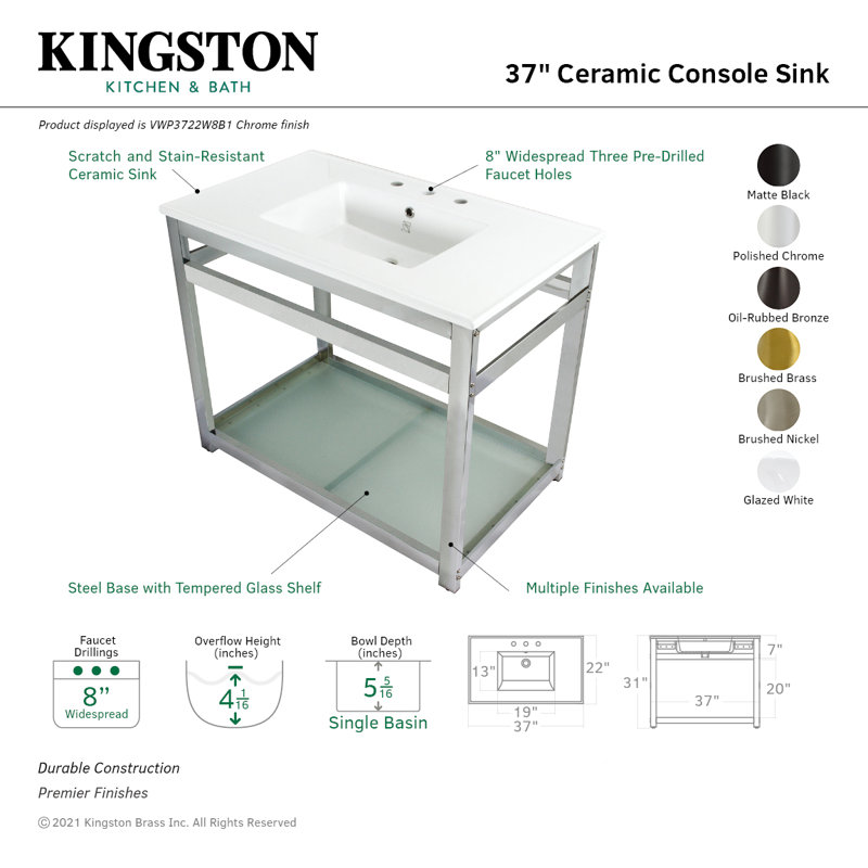 Kingston Brass Quadras 37-Inch Ceramic Console Sink with Steel Base and Glass Shelf (8-Inch, 3-Hole), White/Brushed Nickel