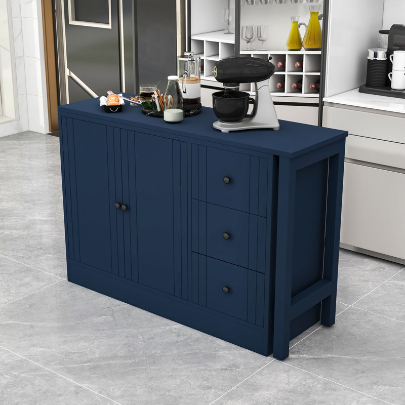 Buffet en bois avec table extensible, armoire de rangement multifonctionnelle avec 2 portes et 3 tiroirs, Marine