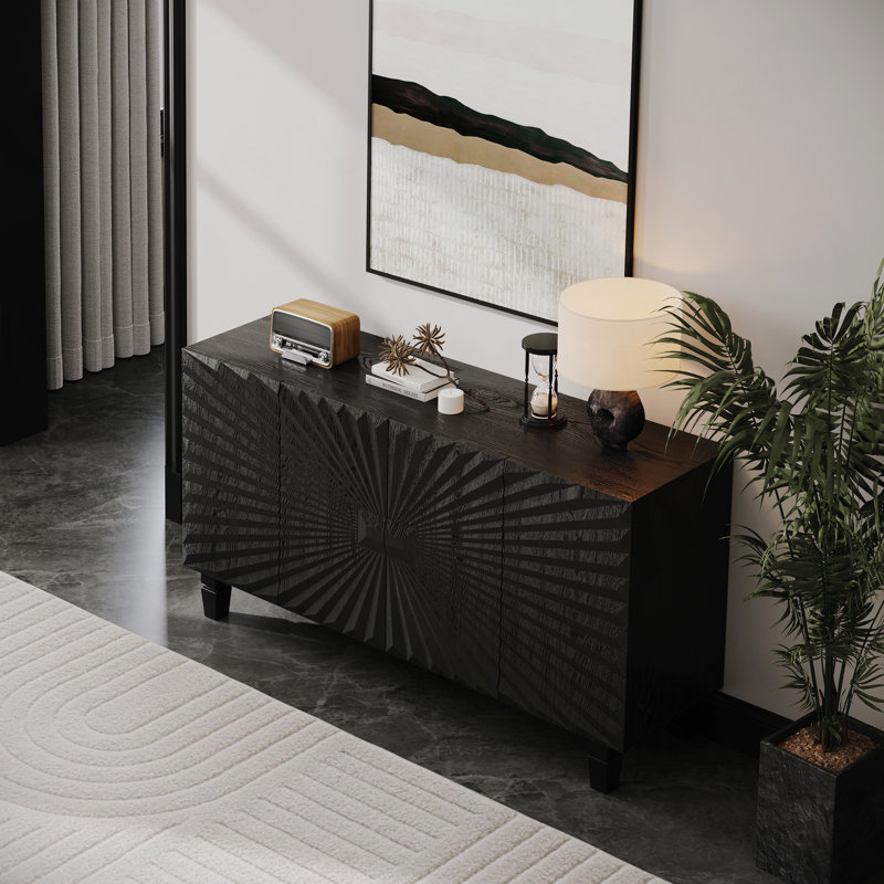 Buffet 59 po, 4 portes Sunburst, crédence moderne pour salle à manger - noir