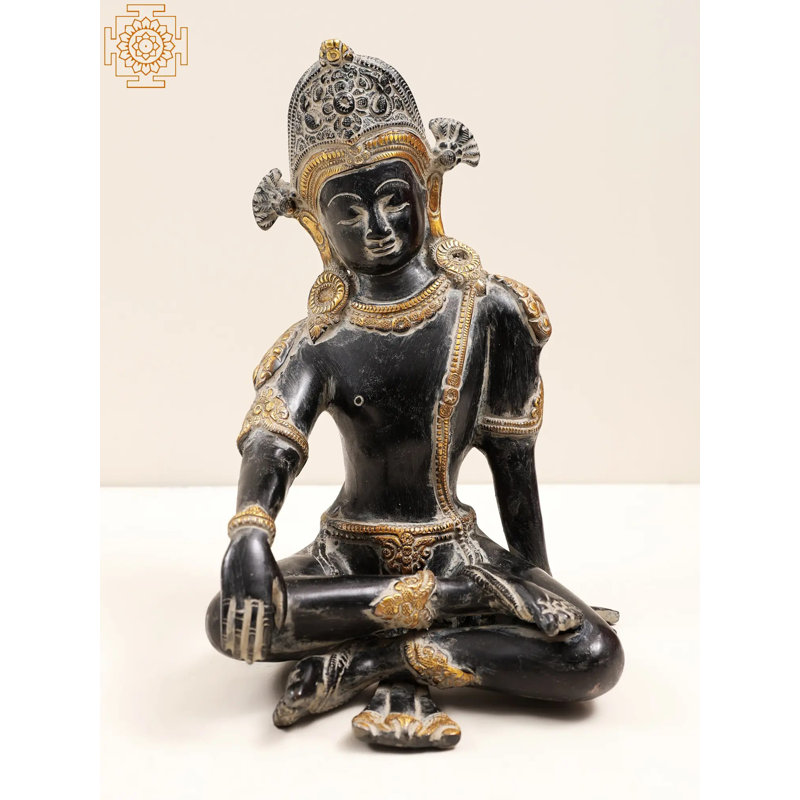 Statue de dieu Indra en laiton 9 po - Figurine bouddhiste népalaise fabriquée à la main antique en or noir pour décor spirituel de maison et de temple