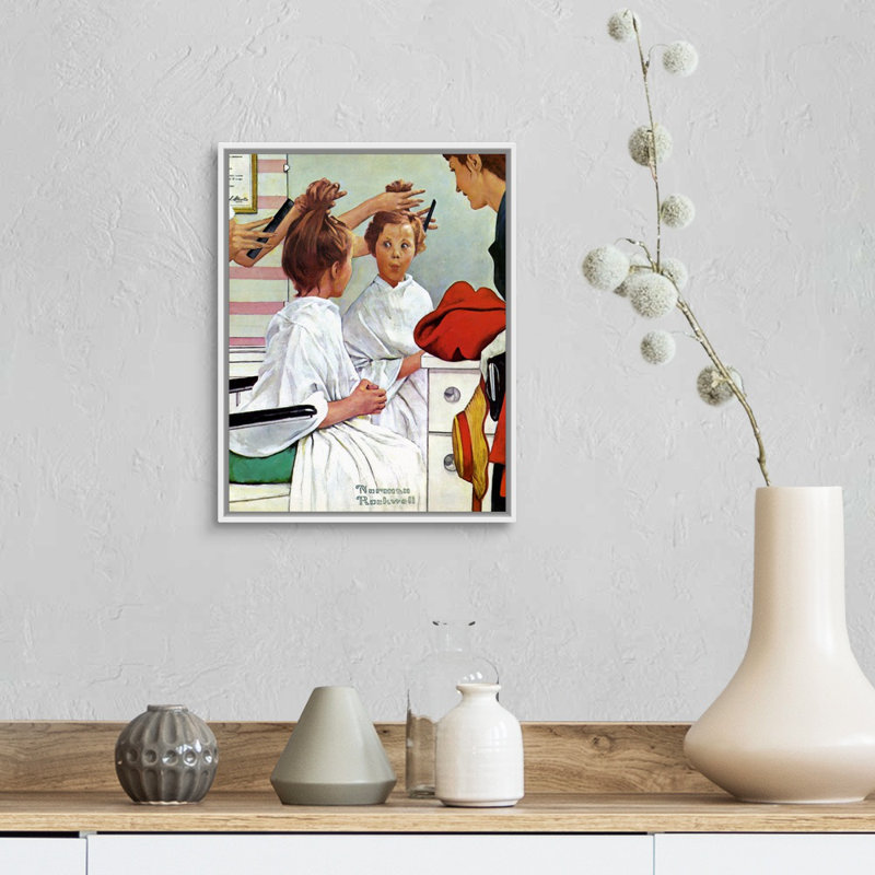 Norman Rockwell, premier voyage à la boutique de beauté, toile, H 16 po x l 13 po x P 1,75 po, Cadre flottant blanc