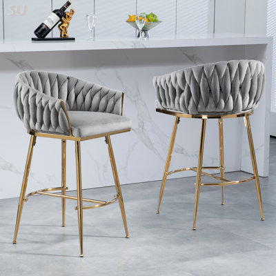 Luxurious Velvet Bar Stools With Hand-Wave Back, Golden Chromed Base, And Foot Rest For Comfort And Style, Bar Stool