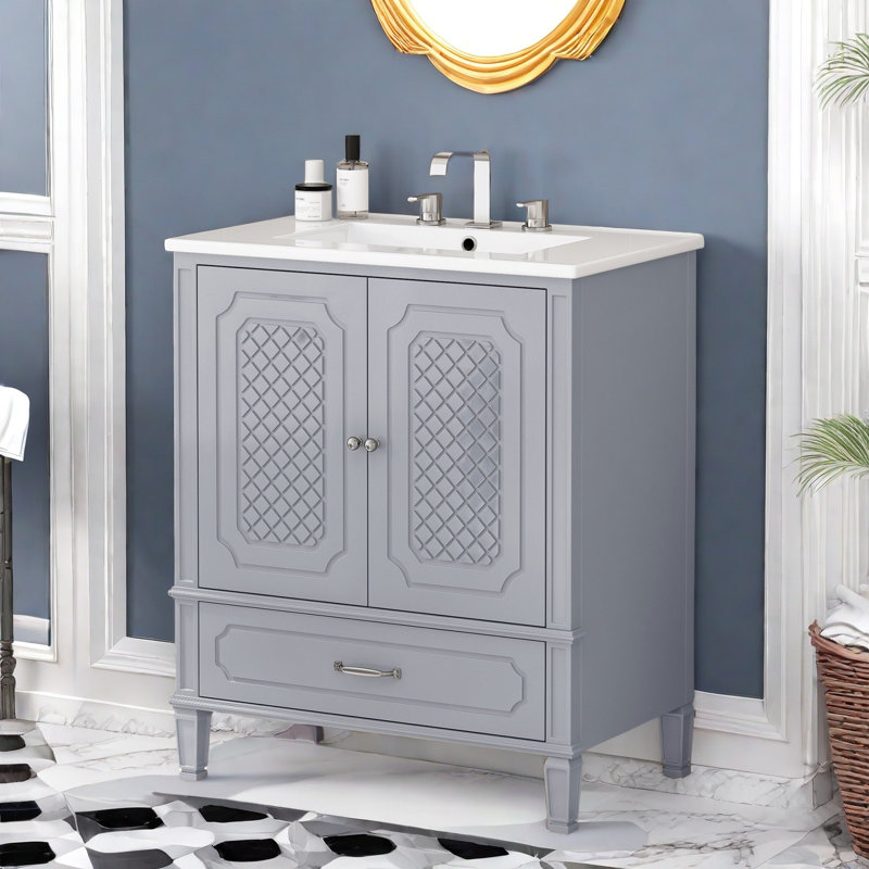 30" Bathroom Vanity With Ceramic Top, Gray