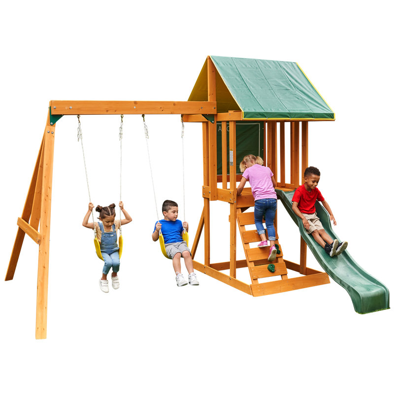 Appleton Wooden Swing Set with Swings, Slide, Rock Wall, Chalkwall and Sandbox