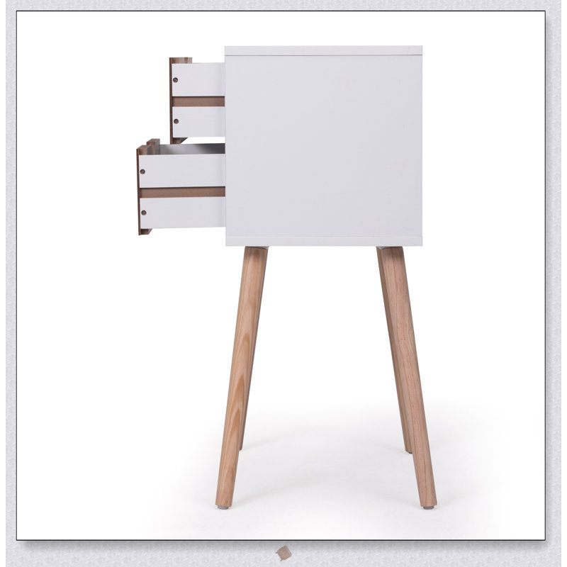 Élégante table de chevet avec 2 tiroirs et des pieds en bois massif, parfaite pour le rangement et l'organisation du chevet ou du canapé.