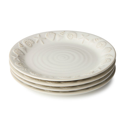 Coastline Cream Stoneware Dinner Plate Set of 4, 10.5-inch embossed coastal shell and starfish plates with glossy glaze, durable beach house tableware for relaxed coastal living and everyday dining