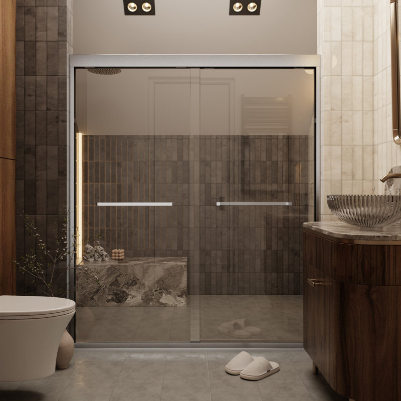Semi-Frameless Double Sliding Shower Door, 1/4" SGCC Tempered Glass with Quiet Dual Rollers, Matte Black, 60" W x 70" H