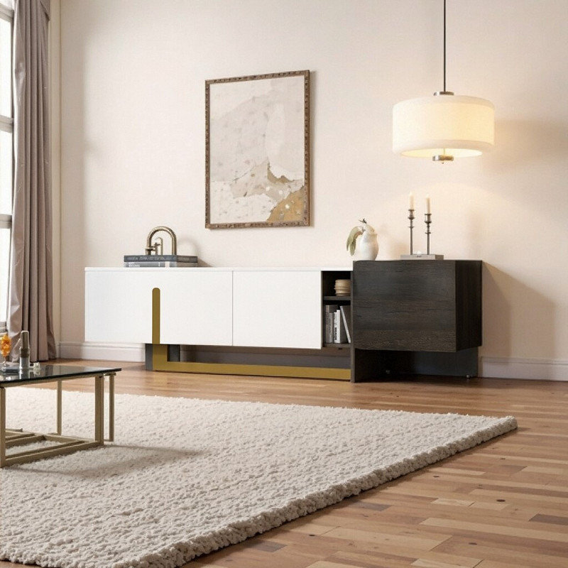 66.7'' TV Stand for TVs up to 70 Inch Light TV Cabinet with 1 Drawer 2 Cabinets Adjustable Shelves White Gold Metal Legs