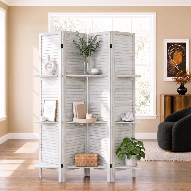Paravent double face avec tablettes pour la séparation des pièces, 4, L 63 po x H 67 po, Blanc