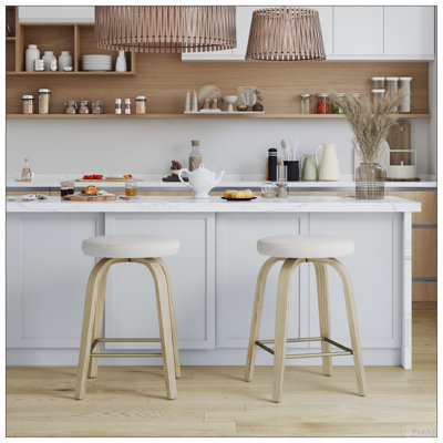 Ensemble de 2 tabourets pivotants, tabouret de bar sans dossier à hauteur de comptoir de 26 po, siège rembourré en tissu, pieds robustes en bois et repose-pieds en métal, tabourets insulaires modernes de style Mid-Century pour bars, restaurants, beige