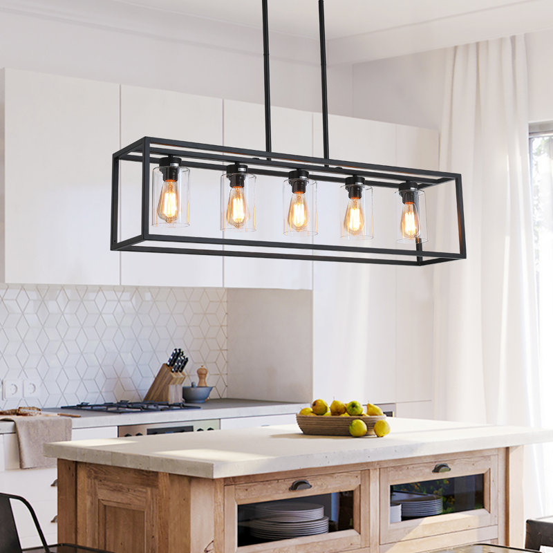Kosinski 5 - Light Bulbs Kitchen Glass Shade Island Rectangle Dimmable Pendant Light Fixture