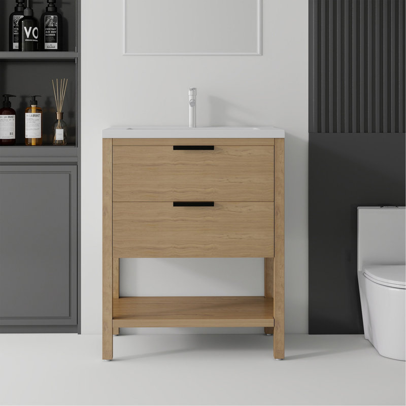 Meuble-lavabo autoportant de 30 po avec lavabo, tiroir à fermeture en douceur, évier en céramique, contreplaqué, chêne, 30"