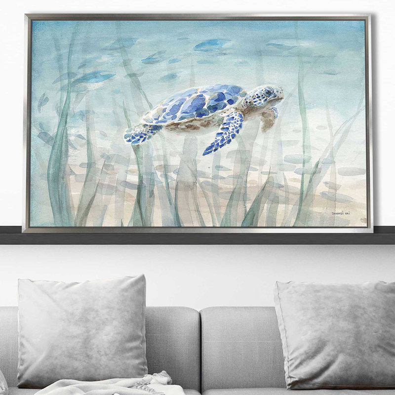 Tortue sous-marine par Danhui Nai - Peinture, H 31,5 po x l 51,5 po, Reproduction avec cadre flottant, Argent argent