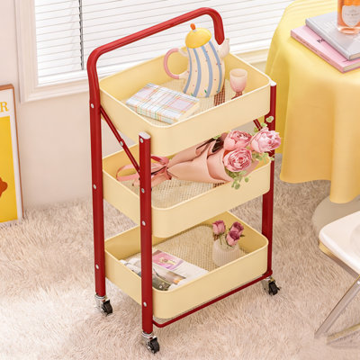 No Assembly 3-Tier Rolling Storage Cart, Foldable Metal Utility Cart with Wheels, Colorful Mobile Organizer Trolley for Kitchen Bathroom Bedroom