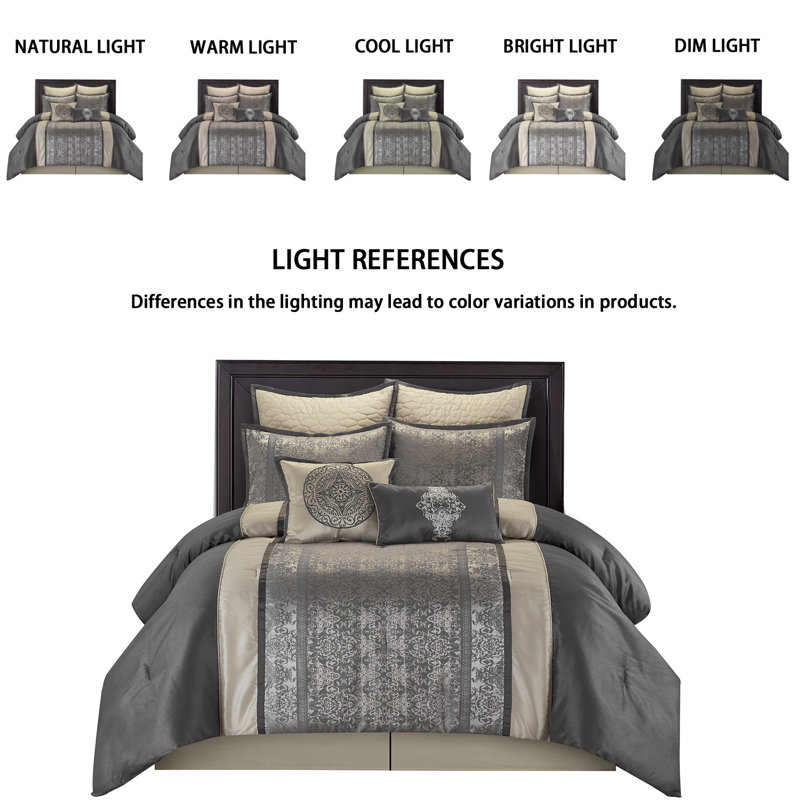 Arabesque 8 Piece Traditional Comforter Set, King Comforter + 7 Additional Pieces, Silver/Ivory