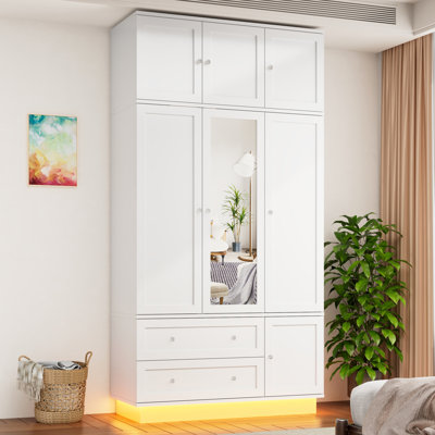 Armoire Wardrobe With Mirror, Sensor Light, LED Light Strip, 2 Drawers, Crystal Handles And Hanging Rod