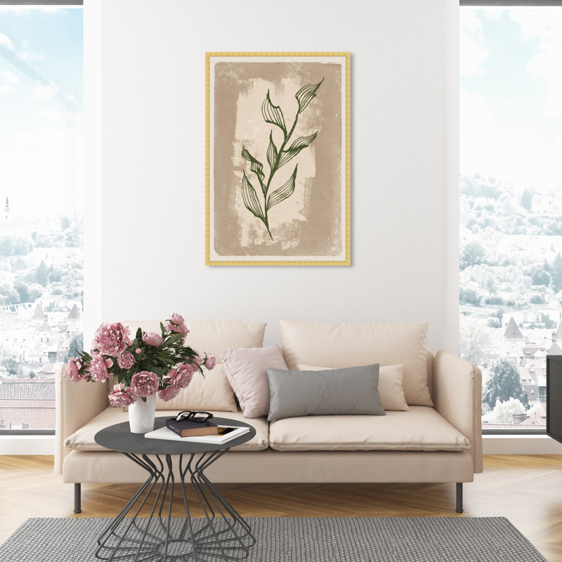 Feuilles illustrées II - peinture sur toile, H 45 po x l 30 po, Papier avec cadre doré