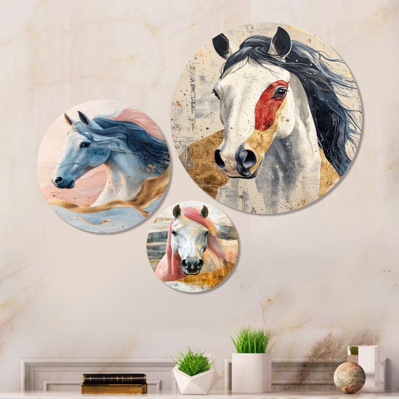 Ensemble d'art mural en métal à 3 panneaux «Native Horse Freedom Unbridled I - Animal»