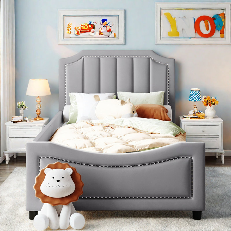 Upholstered Daybed With Classic Stripe Shaped Headboard, Gray