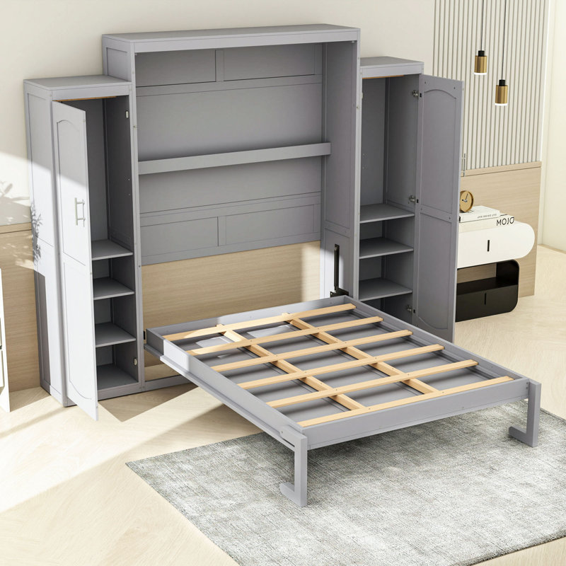 Lit escamotable avec armoire intégrée et tablettes de rangement, Gris, Grand lit