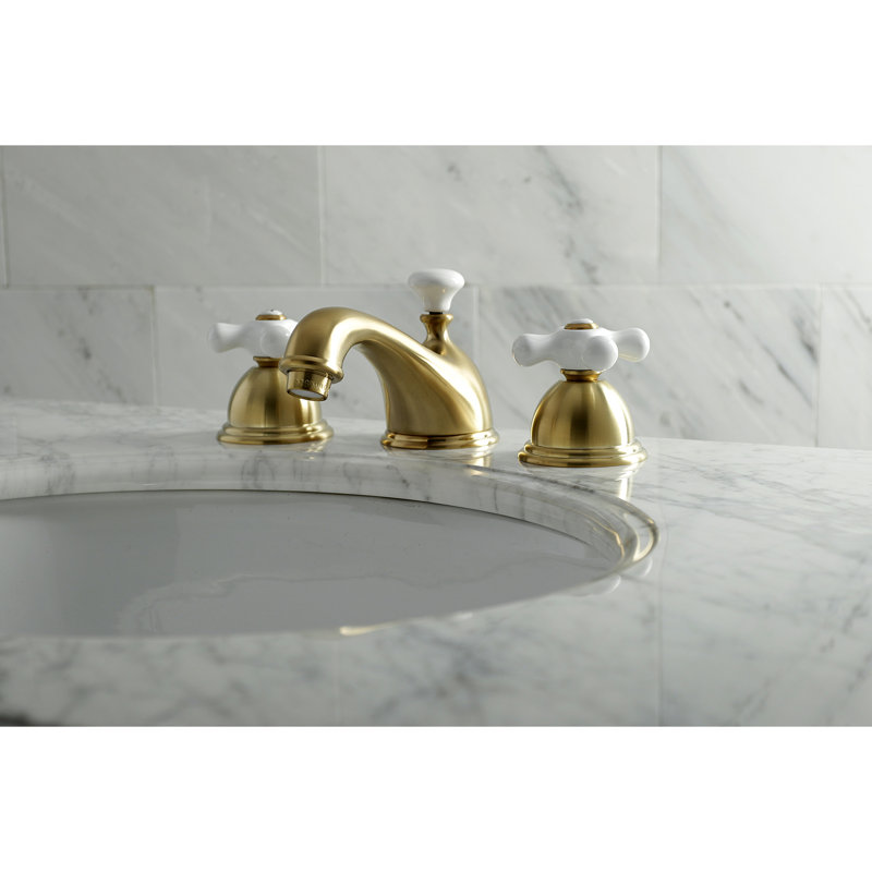 Kingston Brass Restoration Two-Handle 3-Hole Deck Mount Widespread Bathroom Faucet with Brass Pop-Up Drain, Satin Brass
