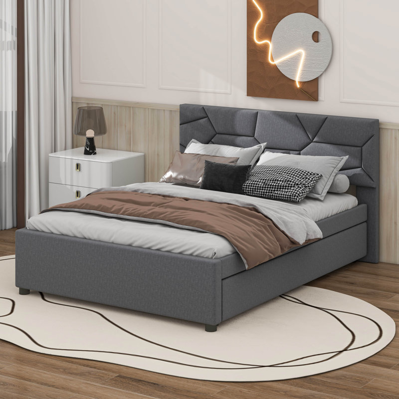 Grand lit avec lit gigogne et tiroirs, gris