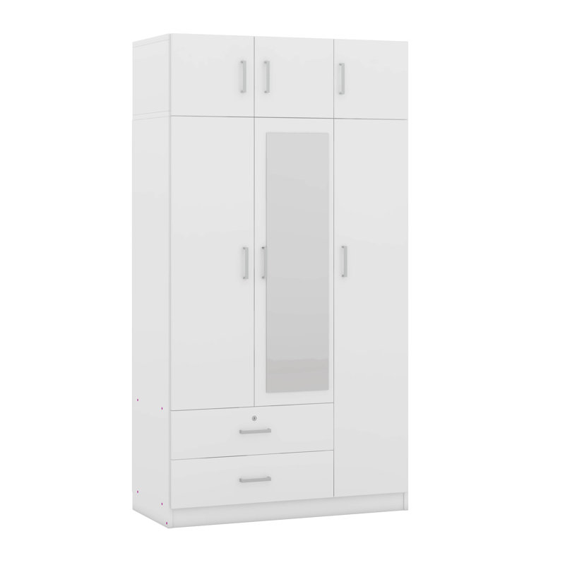 Armoire à miroir 3 portes avec 2 tiroirs et armoire supérieure, Blanc