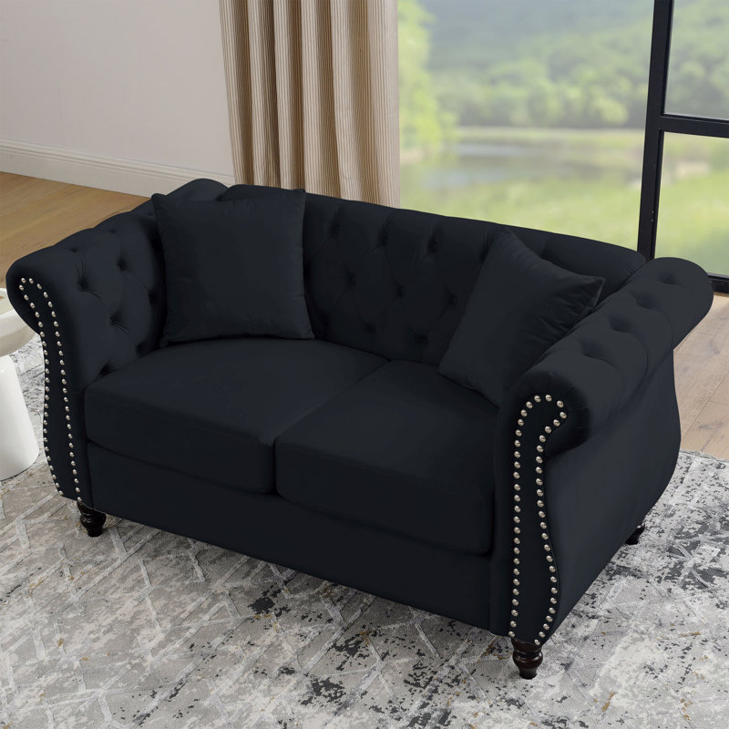 Canapé Chesterfield 58,8 po en velours noir pour salon, canapé 2 places capitonné avec accoudoirs roulés et tête de clou
