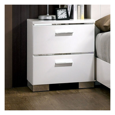 Table de chevet moderne blanche à haute brillance avec chargeur USB - Table de chevet contemporaine avec tiroir de rangement, fabrication en bois massif, poignées et pieds chromés pour la chambre à coucher