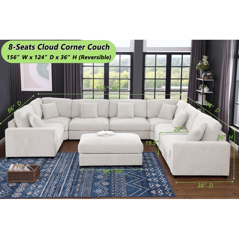 Grand canapé modulaire d'angle modulaire à 8 sièges avec repose-pieds mobile, Chenille blanche