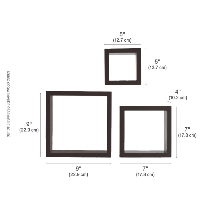 Ensemble de 3 tablettes murales carrées flottantes Melannco - Bois, noir, Espresso