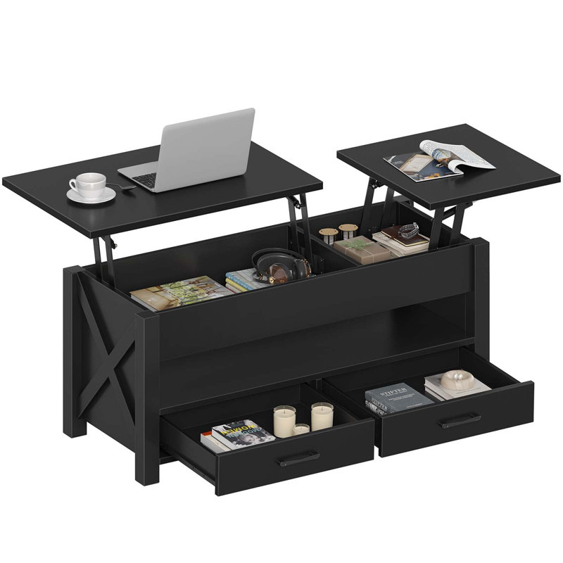 Table basse avec 2 rangements, table basse à plateau relevable pour le salon, Noir, H 19 po x L 47,2 po x l 19,7 po