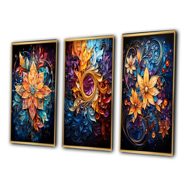 «Spiral Kaleidoscope», 3 pièces sur toile, Encadrement doré, H 32 po x l 48 po