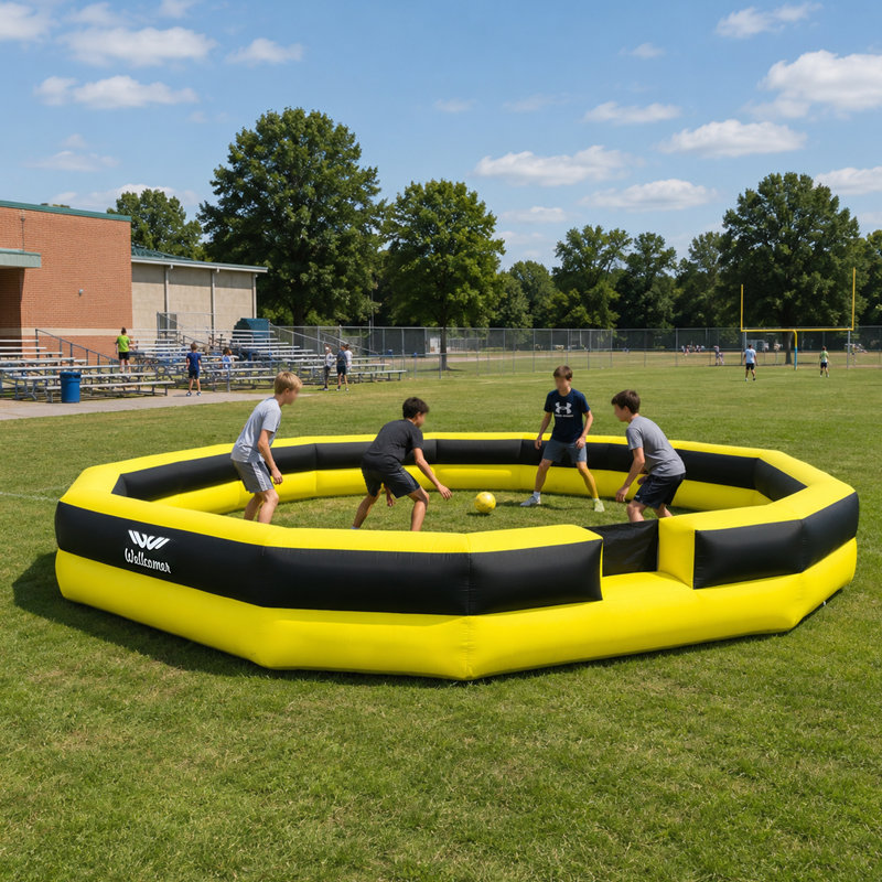 Fosse à balles GaGa 2 couches avec souffleur interne Wellcomer 22FT, terrain portatif léger pour les jeux dans la cour, les écoles et les loisirs en famille - jaune et noir