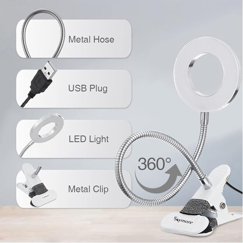 LED Desk Lamp Clip On Light Ring/Clamp Light 360° Flexible Gooseneck Dimmable Eye Protection Desk Light, Silver